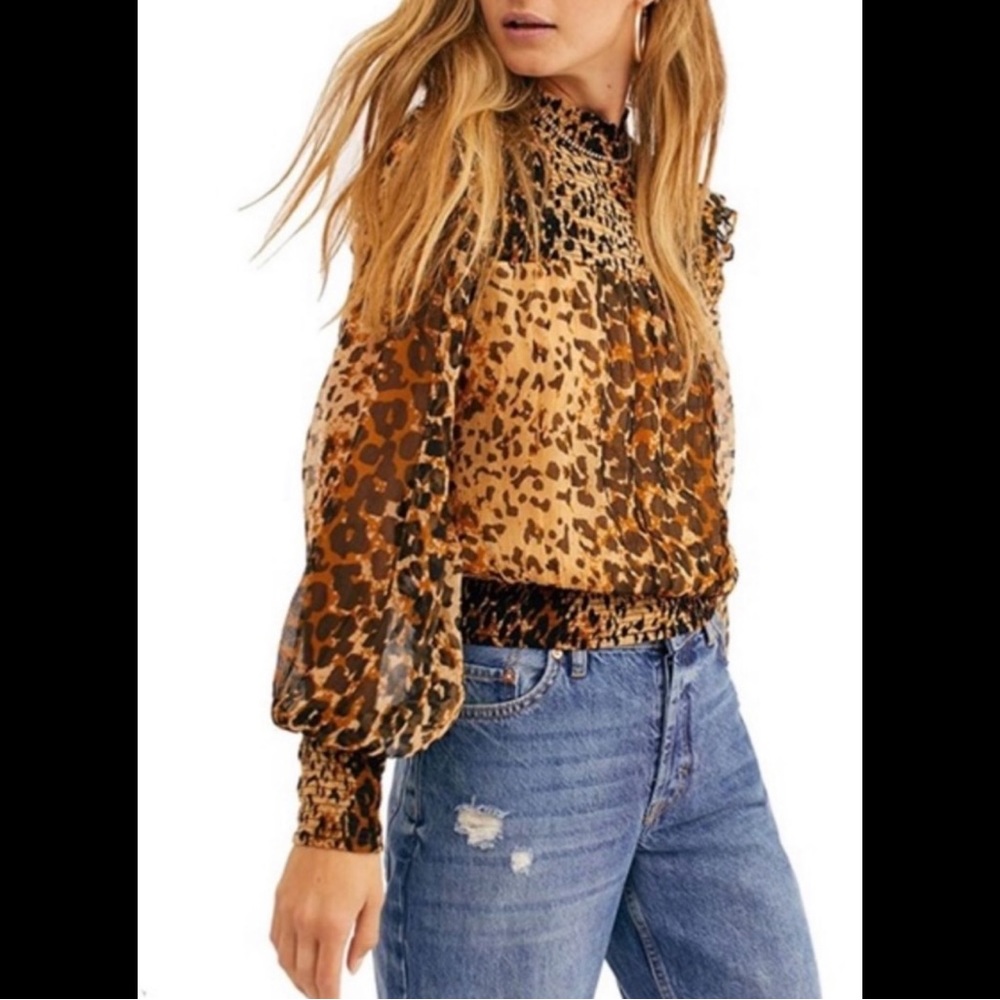 New FREE PEOPLE Roma Ruffle Blouse Top Shirt Leopard Animal Print Semi Sheer NWT
